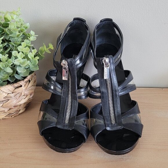 Michael Kors Berkley T Strap Black Leather PVC Front Zip Zipper Sandals Heels - Picture 10 of 16